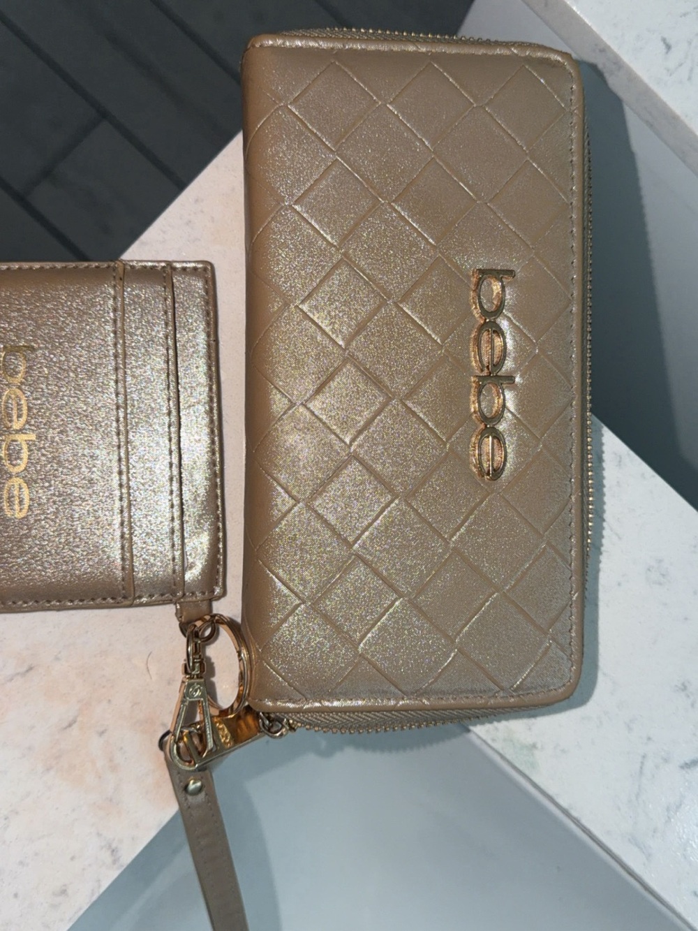 bebe Quilted Metallic Gold Wristlet Zip Wallet